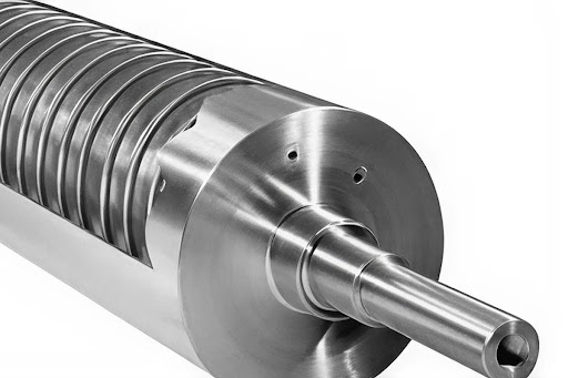 Custom plastic cooling roll with double shell spiral baffle construction and precision-ground chrome surface